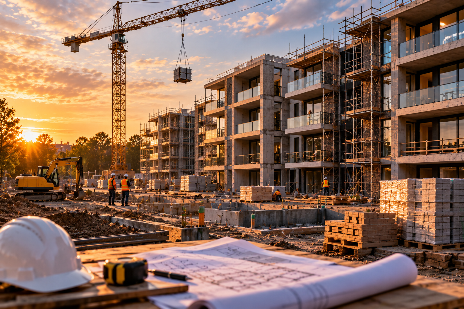 Bouwplaats met appartementen in aanbouw bij zonsondergang