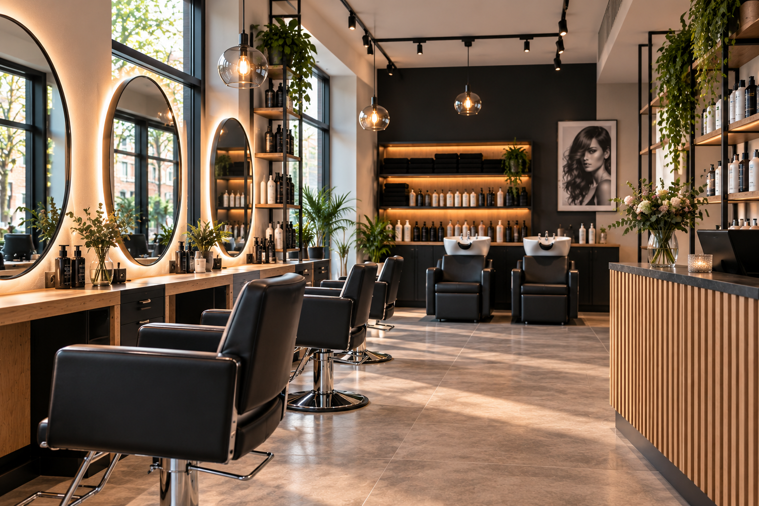 Moderne kapsalon met ronde spiegels en zwarte stoelen