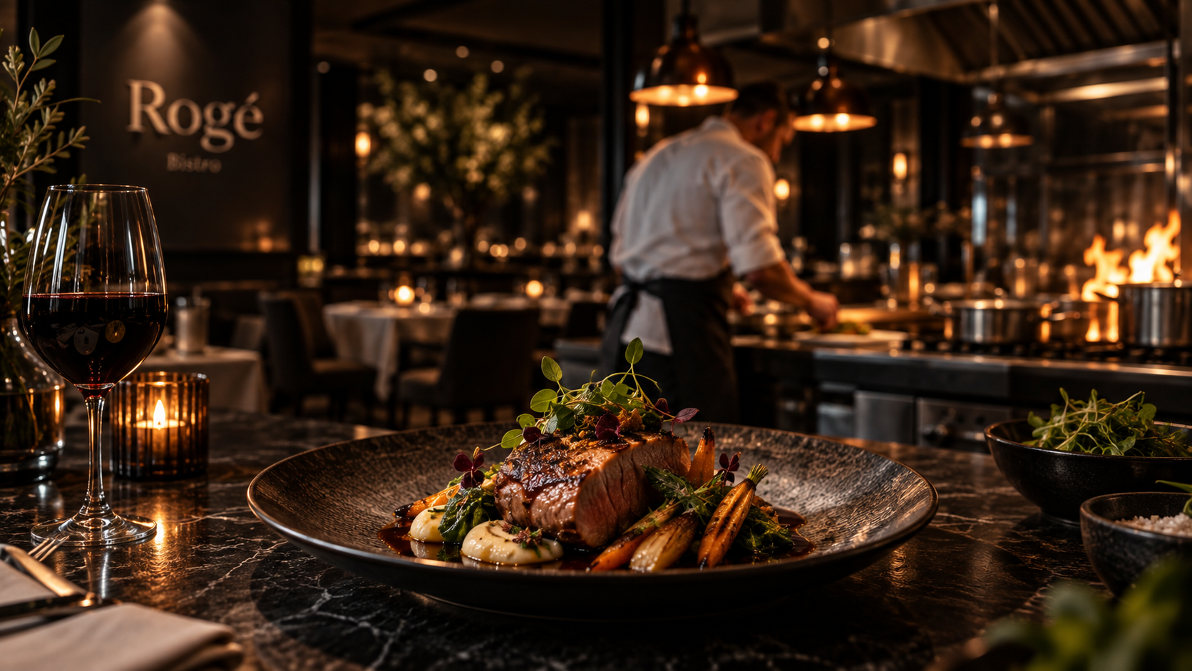 Open restaurantkeuken met een kok die kookt boven een vlam